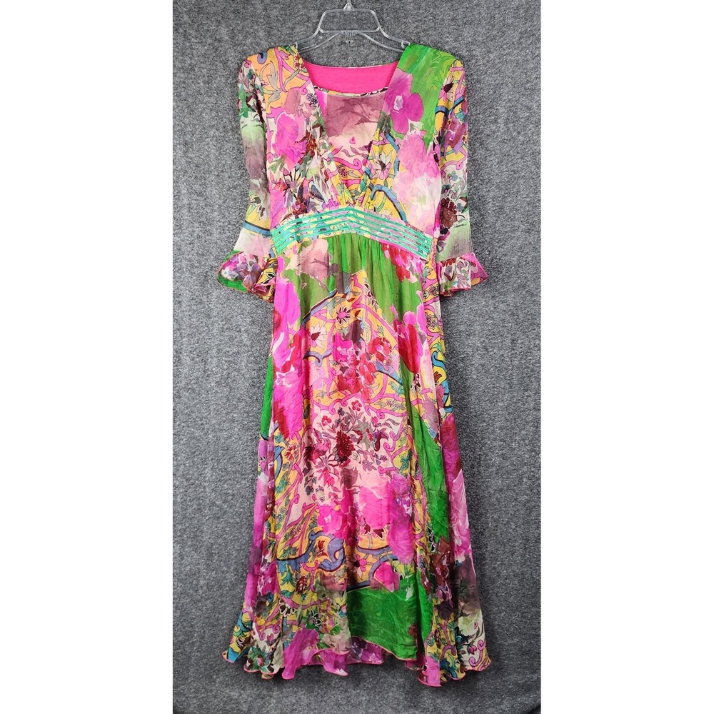 Retromy Maxi Dress Women M Silk Floral Paisley Pink Green V-Neck Ruffle NEW